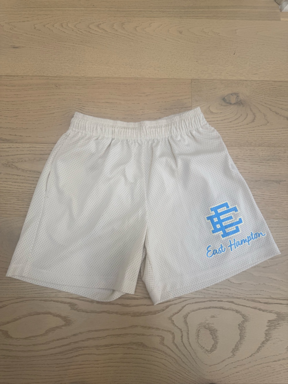 Eric Emanuel White Mesh Shorts with Light Blue Logo with Bag